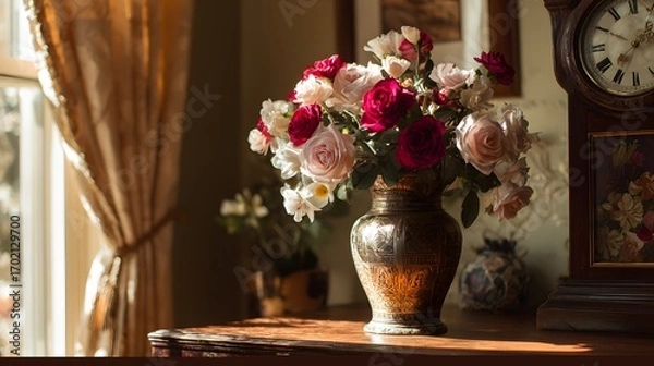 Obraz Arrangement of pink and red roses in an ornate vase on a wooden surface with a grandfather clock pink roses