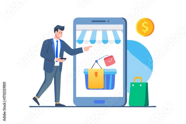 Obraz Man pointing at smartphone showing online store with shopping basket and bags