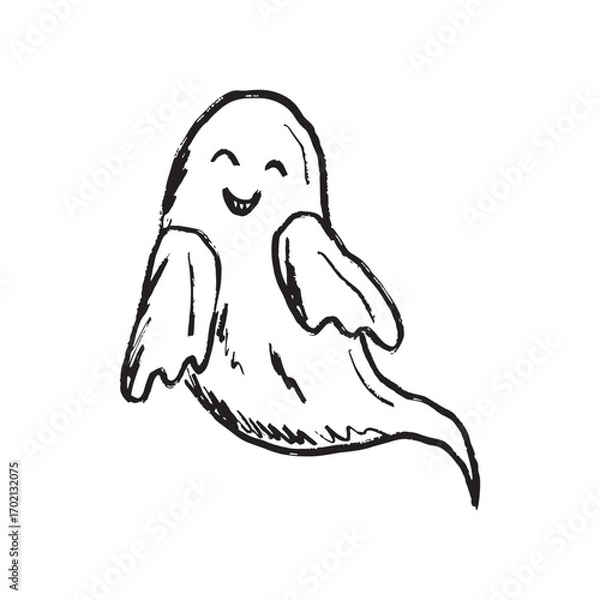 Fototapeta Happy ghost flying as a symbol of happy Halloween in black brush stroke texture isolated on white. Hand drawn vector sketch illustration in vintage charcoal ink. Scary creature, holiday symbol
