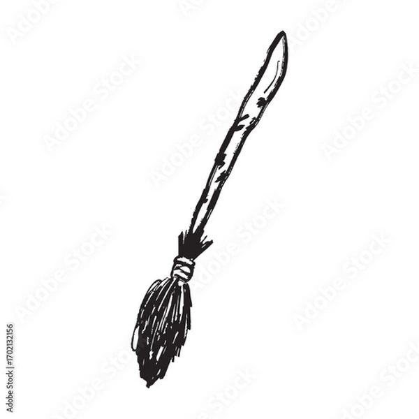 Fototapeta Witch broom magical equipment in black brush stroke texture isolated on white. Hand drawn vector sketch illustration in vintage charcoal ink. Happy Halloween, mystery accessory, witch craft