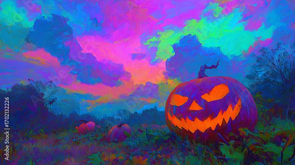 Fototapeta Vibrant Halloween Scene Featuring a Grinning Pumpkin Amidst a Colorful Sky and Fields