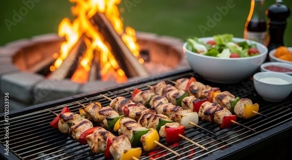 Fototapeta Outdoor barbecue scene featuring grilled chicken and vegetable skewers on a hot grill with a cozy fire pit in the background