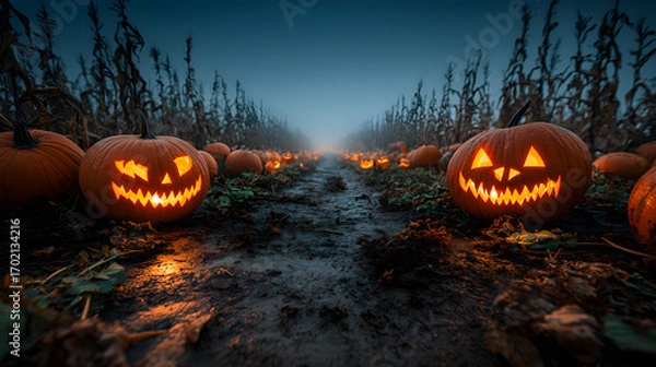 Fototapeta Pumpkin patch with glowing carved faces, HDR long exposure with fog trails, golden ratio balance, tetradic vivid palette, glossy vibrant detail