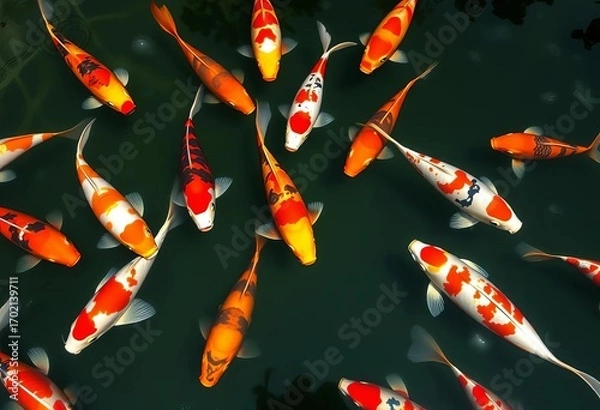 Obraz A vibrant school of koi fish swims gracefully in a serene pond,  relaxation,  reflection