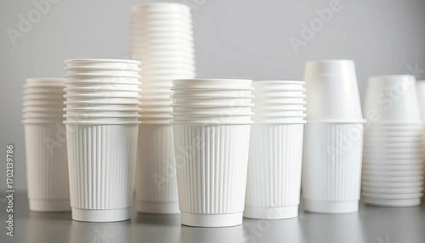 Obraz A stack of pristine white plastic cups ready for use, white cup, plastic cup
