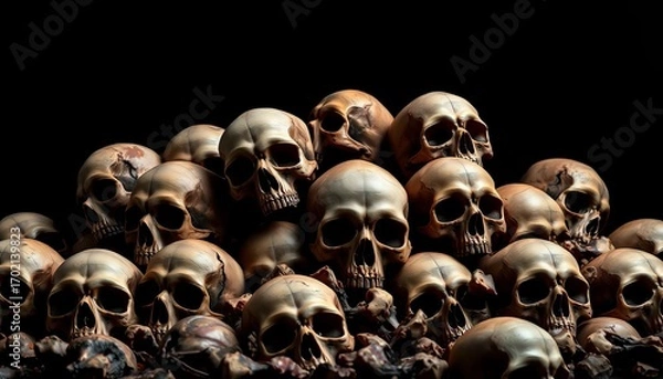 Obraz A grim pile of skulls against a stark black backdrop,  devastation,  human remains