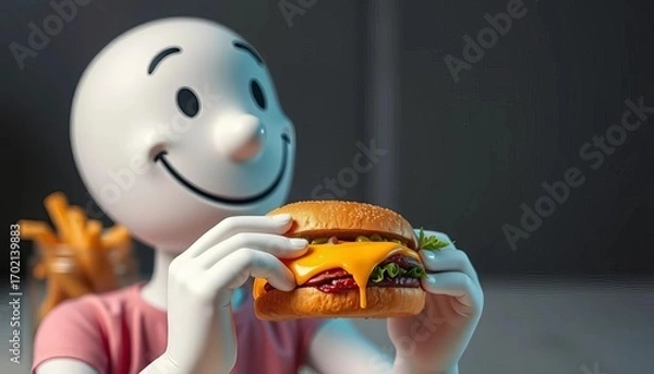 Obraz A smiling figure happily enjoys a cheesy sandwich,   high resolution,   summer