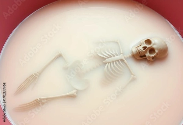 Obraz A skeletal figure submerged in a milky bath, bones visible through the opaque liquid,  ethereal,  bones