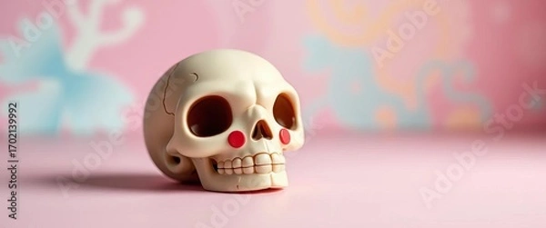 Obraz A tiny, cartoon skull with rosy cheeks on a pastel background,   childlike,  whimsical