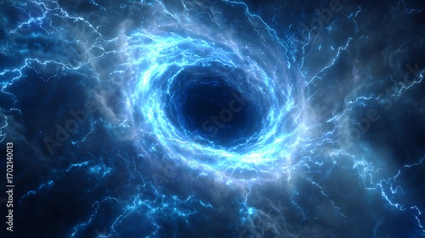 Fototapeta A swirling vortex of blue lightning and clouds, creating a cosmic energy portal in space
