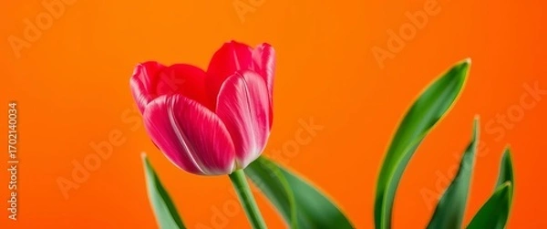 Obraz A single pink tulip blooms vibrantly against a warm orange backdrop,  macro,  garden