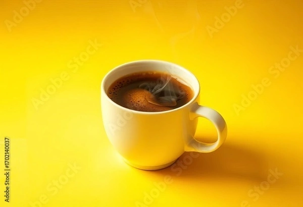 Obraz A steaming cup of coffee sits on a vibrant yellow background, beverage, mug