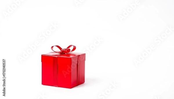 Obraz A vibrant red gift box, square shape, sits alone against a pure white backdrop,  package,  holiday gift