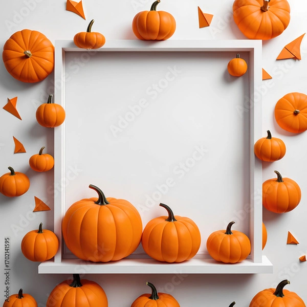 Fototapeta A modern flat lay with a white square frame, vibrant orange pumpkins, and scattered geometric shapes on a clean white background. Perfect for fall, Halloween, and Thanksgiving designs.