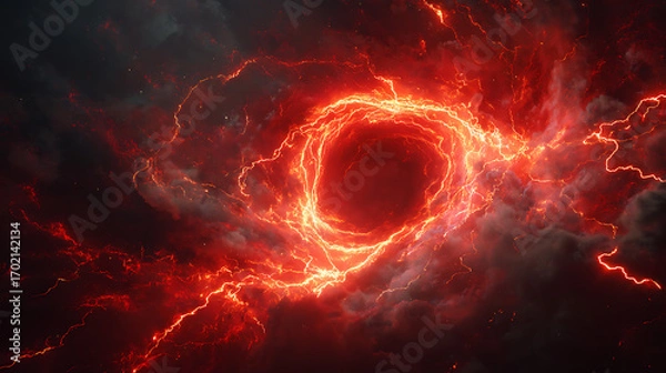 Fototapeta Dramatic swirling red and orange lightning storm in a dark, cloudy sky with intense energy