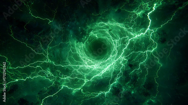 Fototapeta Swirling green vortex with electric lightning, creating a dynamic cosmic atmosphere