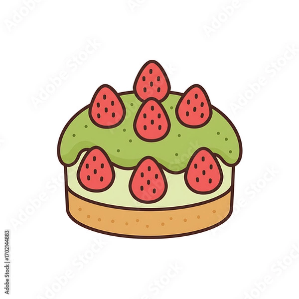 Fototapeta Sweet strawberry tart with green frosting and biscuit base