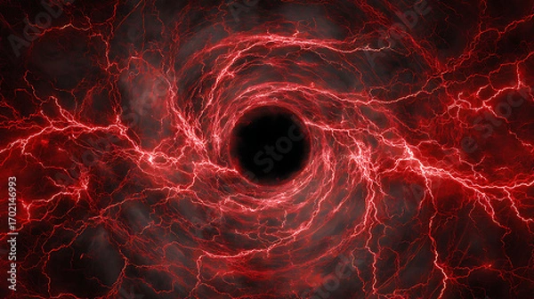 Fototapeta Abstract representation of a swirling vortex with red lightning effects against a dark backdrop