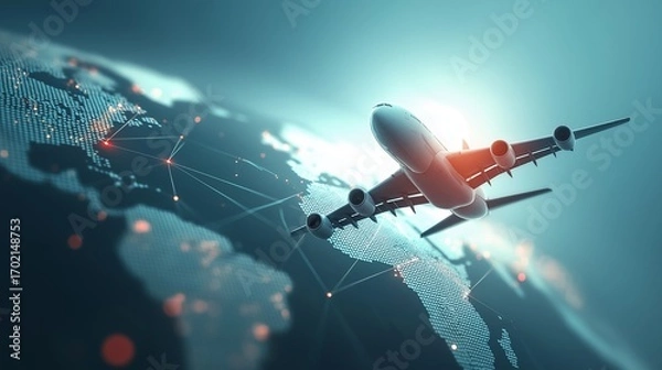 Fototapeta Global Flight Path: An airplane soaring above the illuminated world map, representing the network of routes, journeys, and the spirit of wanderlust.Generative ai illustration