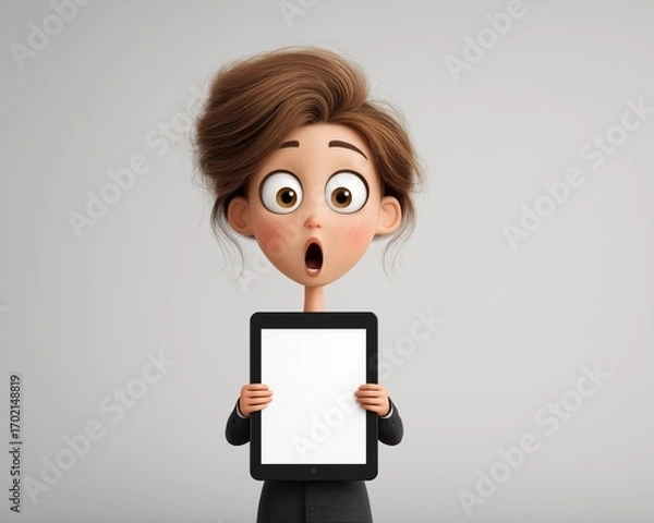 Fototapeta Tablet Surprise: A wide-eyed cartoon woman with a shocked expression holds a blank tablet, perfect for digital art and advertising, emphasizing technology's influence. Generative ai illustration