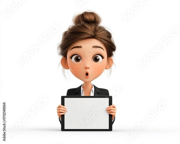 Fototapeta Surprised Business Woman with sign: An animated business woman expresses surprise with a blank tablet, ideal for your brand or message placement.Generative ai illustration