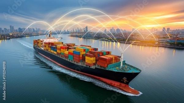 Fototapeta A colossal container ship sails gracefully on a tranquil waterway, charting a course through the shimmering expanse, symbolizing international trade, logistics.Generative ai illustration