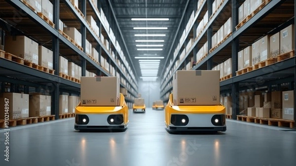 Fototapeta Automated Warehouse Logistics: A fleet of robotic vehicles navigates a vast warehouse, transporting packages and boxes with precision and efficiency.Generative ai illustration