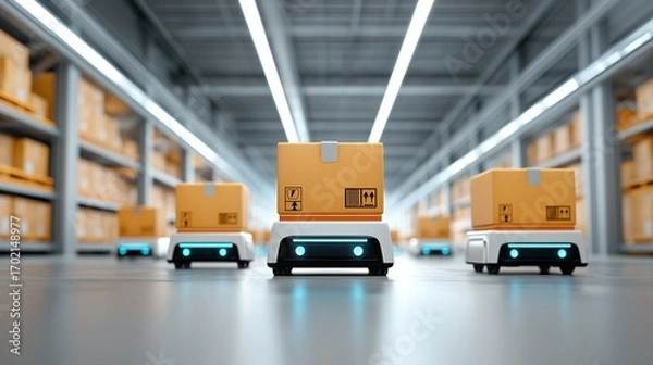 Fototapeta Autonomous robots navigate a vast warehouse, efficiently transporting packages, showcasing the innovation of modern logistics and supply chain technology. Generative ai illustration