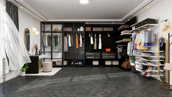 Fototapeta Modern Luxury Walk-In Closet Interior with Wardrobe and Dressing Table, 3D Rendering
