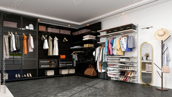 Fototapeta Modern Luxury Walk-In Closet Interior with Wardrobe and Dressing Table, 3D Rendering