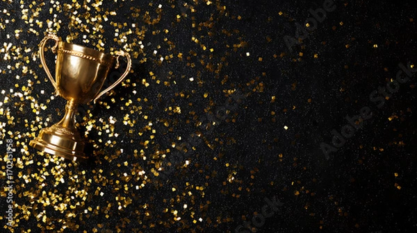 Fototapeta Golden trophy placed on a black surface surrounded by scattered golden glitter, symbolizing victory