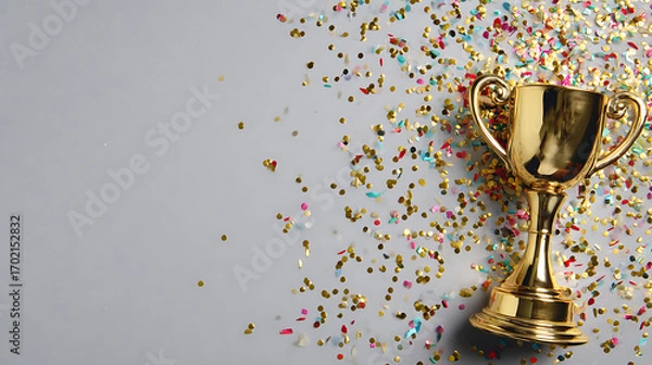 Fototapeta Golden trophy on gray surface surrounded by colorful confetti celebrating achievement
