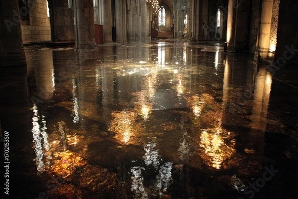 Fototapeta Mysterious reflections of illuminated columns in dark water.