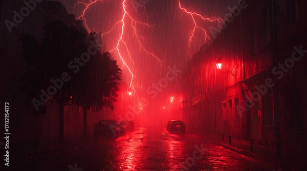 Fototapeta Dramatic thunderstorm with red lightning illuminating a deserted street at night