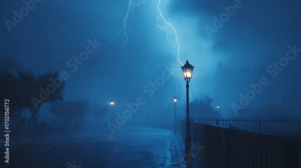 Fototapeta Dramatic storm scene with lightning illuminating a deserted street and lampposts at night