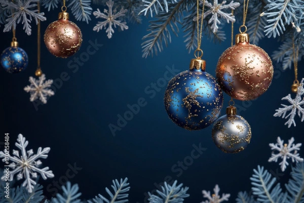 Fototapeta Merry Christmas and Happy New Year vector banner. Realistic rose gold and blue baubles, snowflakes hanging on dark blue background. Christmas balls motion blur effect. Luxury background