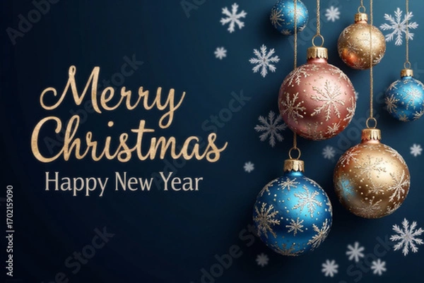 Fototapeta Merry Christmas and Happy New Year vector banner. Realistic rose gold and blue baubles, snowflakes hanging on dark blue background. Christmas balls motion blur effect. Luxury background