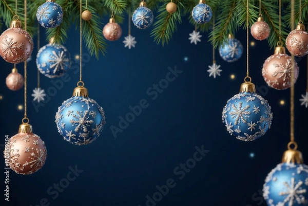 Fototapeta Merry Christmas and Happy New Year vector banner. Realistic rose gold and blue baubles, snowflakes hanging on dark blue background. Christmas balls motion blur effect. Luxury background