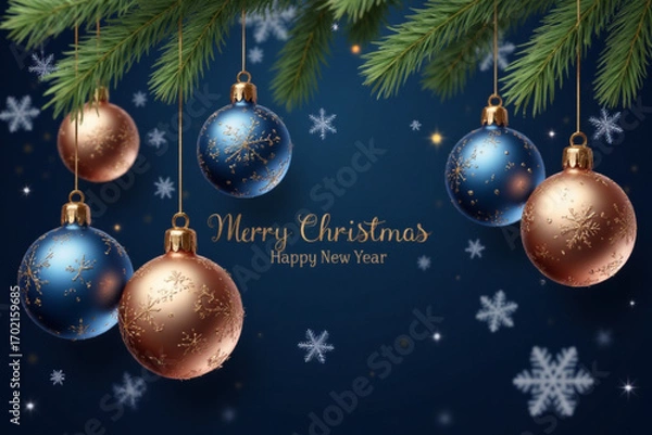 Fototapeta Merry Christmas and Happy New Year vector banner. Realistic rose gold and blue baubles, snowflakes hanging on dark blue background. Christmas balls motion blur effect. Luxury background