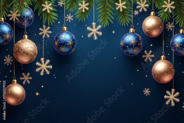 Fototapeta Merry Christmas and Happy New Year vector banner. Realistic rose gold and blue baubles, snowflakes hanging on dark blue background. Christmas balls motion blur effect. Luxury background