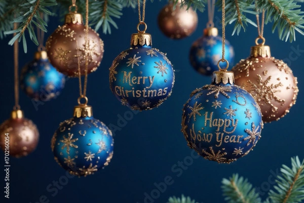 Fototapeta Merry Christmas and Happy New Year vector banner. Realistic rose gold and blue baubles, snowflakes hanging on dark blue background. Christmas balls motion blur effect. Luxury background
