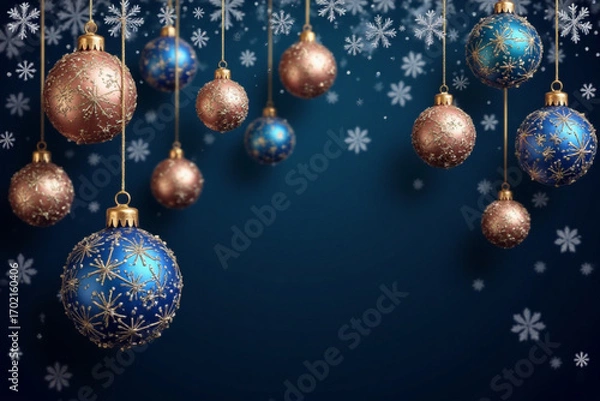 Fototapeta Merry Christmas and Happy New Year vector banner. Realistic rose gold and blue baubles, snowflakes hanging on dark blue background. Christmas balls motion blur effect. Luxury background