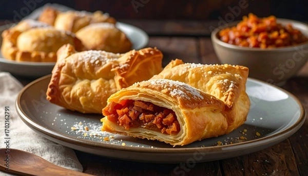 Obraz Delicious apple turnovers dusted with powdered sugar on a rustic table