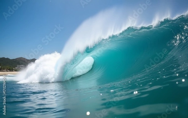 Fototapeta Capturing Ocean Wave Breaking with Underwater View on a Sunny Day. High quality