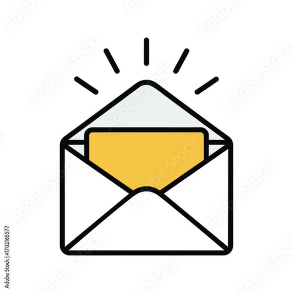 Fototapeta Vector illustration of open envelope with yellow letter inside, representing communication, email, message delivery, and postal correspondence in modern minimal style