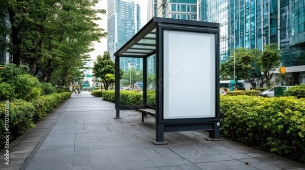 Fototapeta Urban Bus Stop Advertising Mockup with Blank Billboard Space in a Modern City Environment