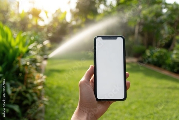 Fototapeta Hand holding smartphone with blank screen in garden