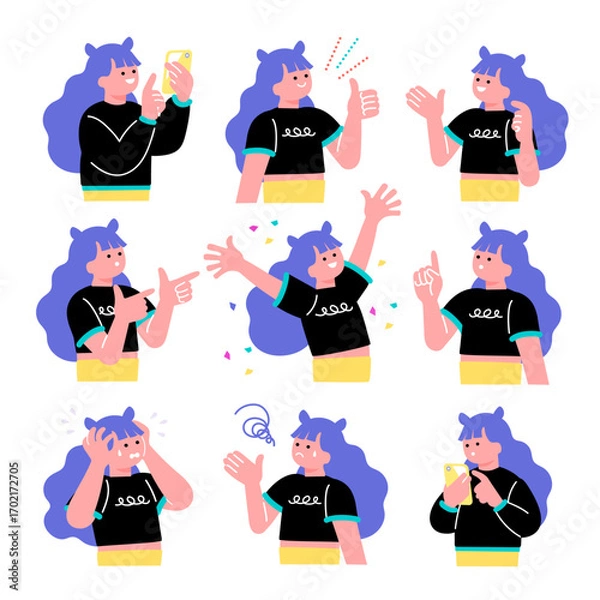 Obraz ポップでカラフルな若者の表情セットのイラスト