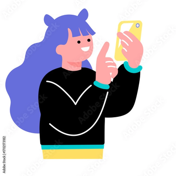 Fototapeta ポップでカラフルな若者がスマホで写真を撮るイラスト
