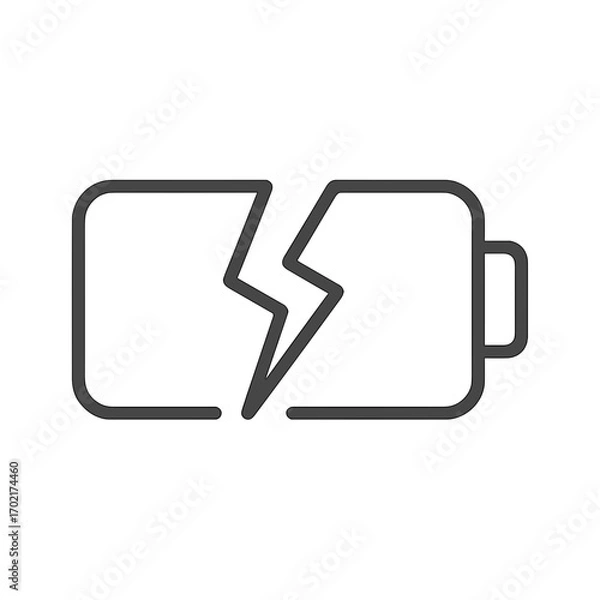 Fototapeta Broken battery icon design with black outline on white background for conceptual graphics